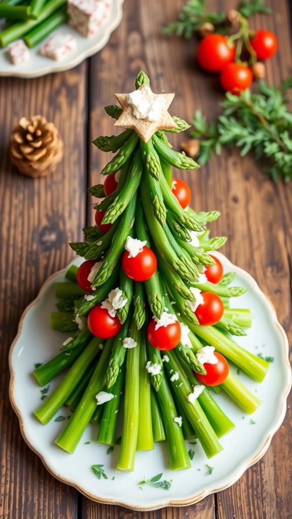 A visually striking asparagus Christmas tree appetizer with cherry tomatoes and feta cheese on a rustic platter.
